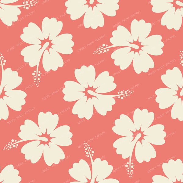 Hibiscus Tropical Floral Pattern Ivory on Coral
