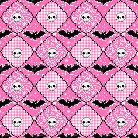 Halloween Patchwork Skulls And Bats In Pink