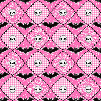 Halloween Patchwork Skulls And Bats In Pink