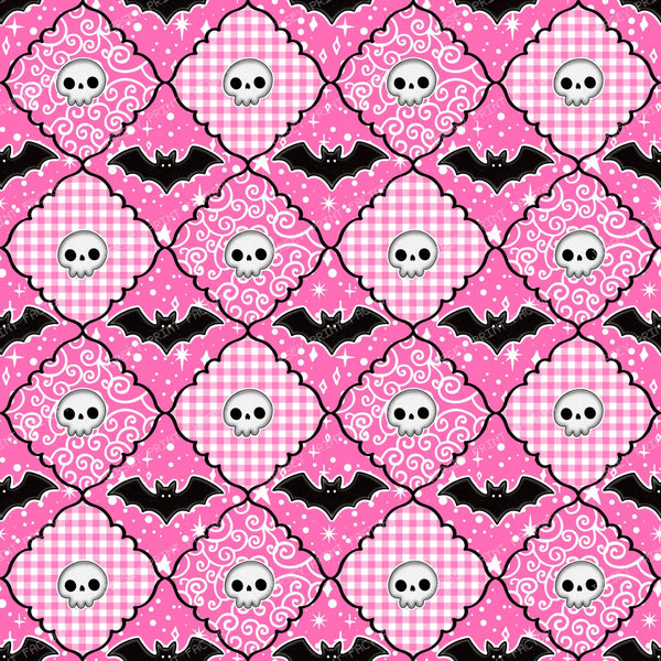 Halloween Patchwork Skulls And Bats In Pink