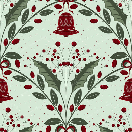 Red Bells and Holly Motifs on Light Blue Festive Ornamental Repeat — mint