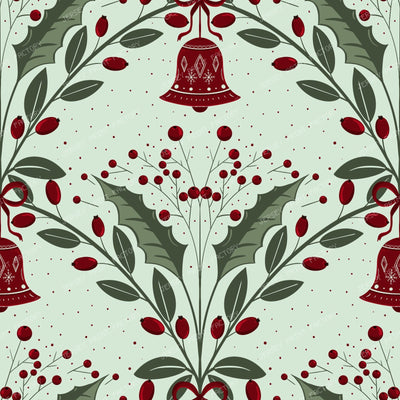 Red Bells and Holly Motifs on Light Blue Festive Ornamental Repeat — mint