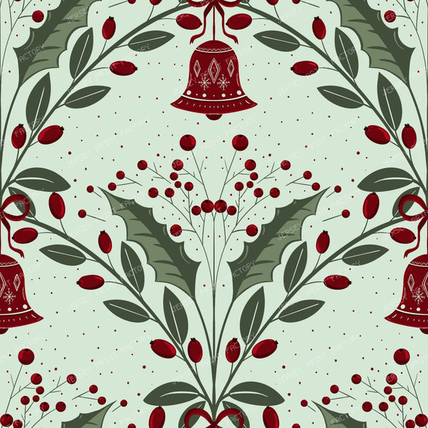 Red Bells and Holly Motifs on Light Blue Festive Ornamental Repeat — mint