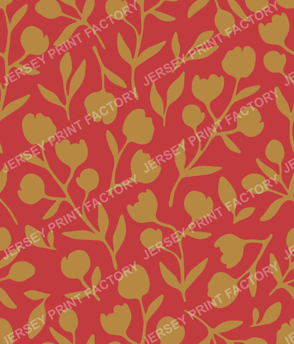 Fleurline - Modern Vintage Floral Silhouette - Muted Gold on Brick Red