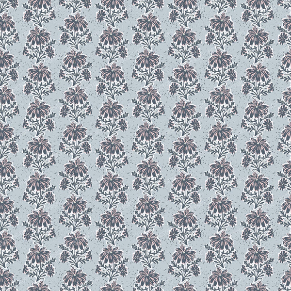 Cecily  Playful Block Print Floral   Lilac & Teal — Pale Dusty Blue & Pink