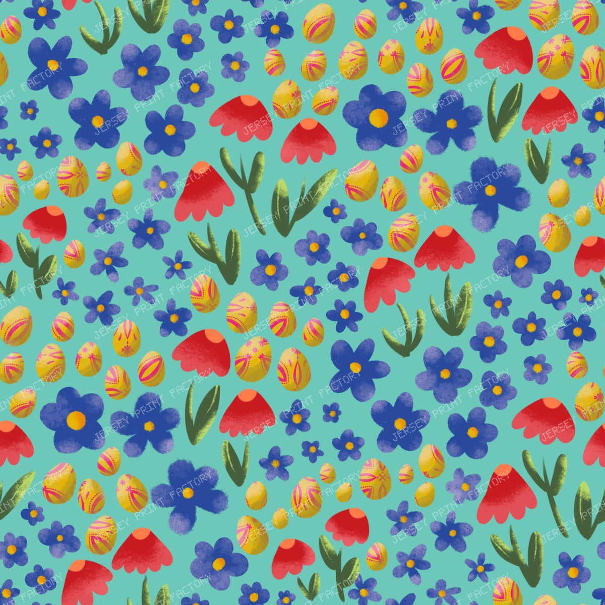 Ditsy Floral and Easter Eggs - Bright on Turquoise