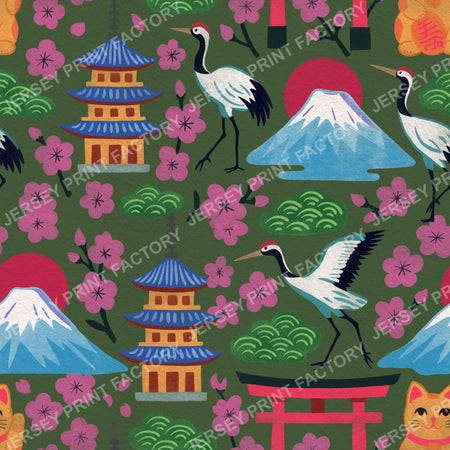 Bright Springtime Japan, Maximalist Hand Drawn on Green