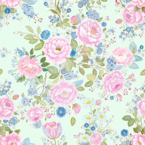 Pink Roses Garland Cottagecore Floral Pattern on Pale Aqua Background