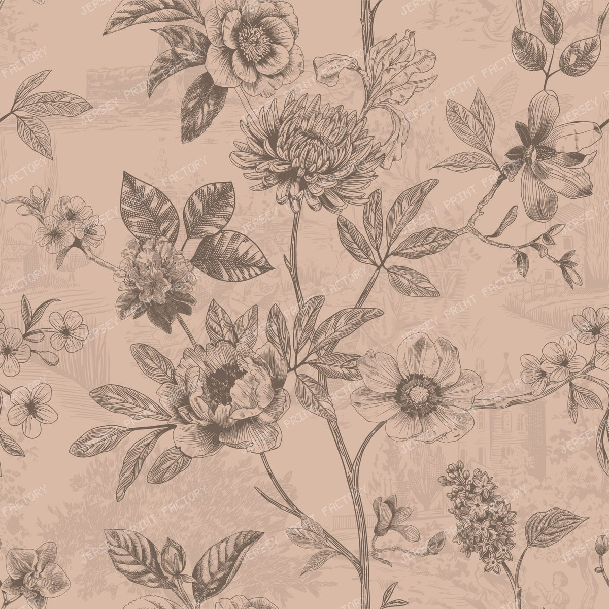 Country Roses Floral Vines Pen and Ink French Provincial - Earth Tan