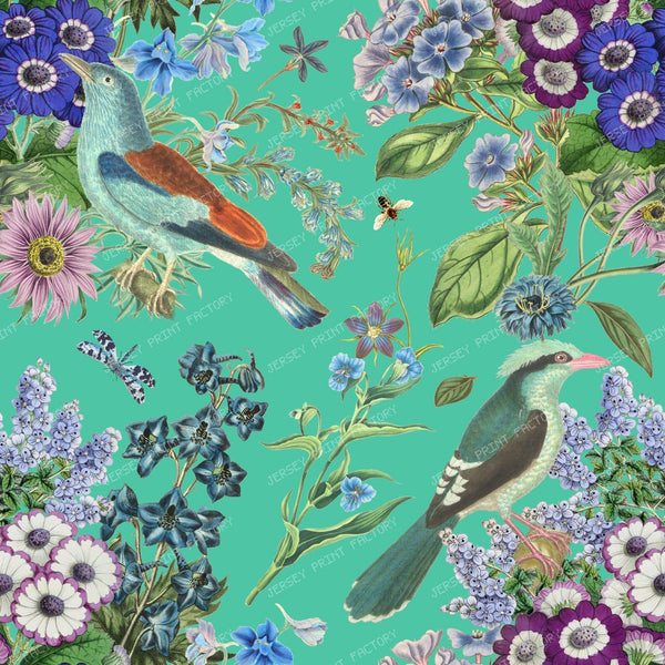Exotic Birds and Flowers Maximalist Boho Floral Botanical Pattern on Mint Green Background