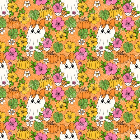 Halloween Girly Ghosts With Tropical Flowers On Orange