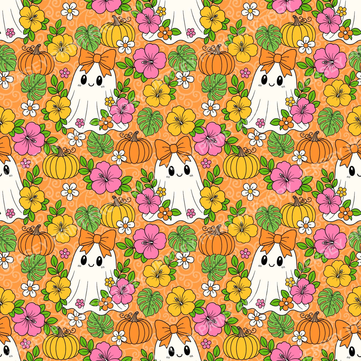 Halloween Girly Ghosts With Tropical Flowers On Orange
