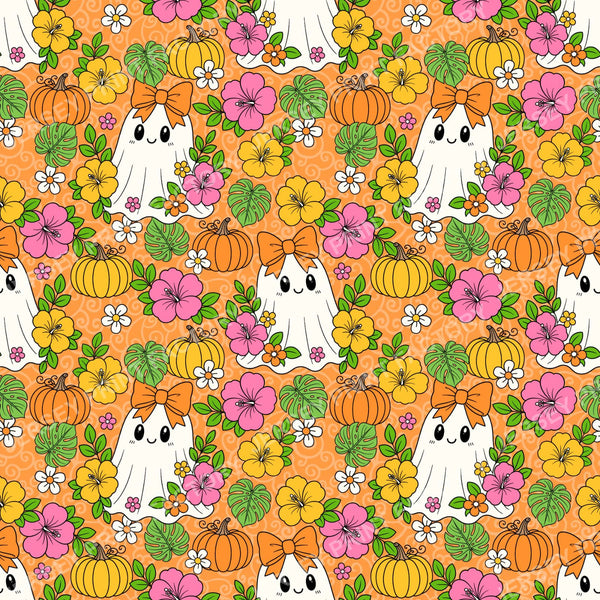 Halloween Girly Ghosts With Tropical Flowers On Orange