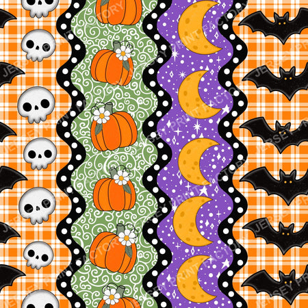 Halloween Colorful Patchwork Stripes with Bats Skulls Pumpkins and Moons