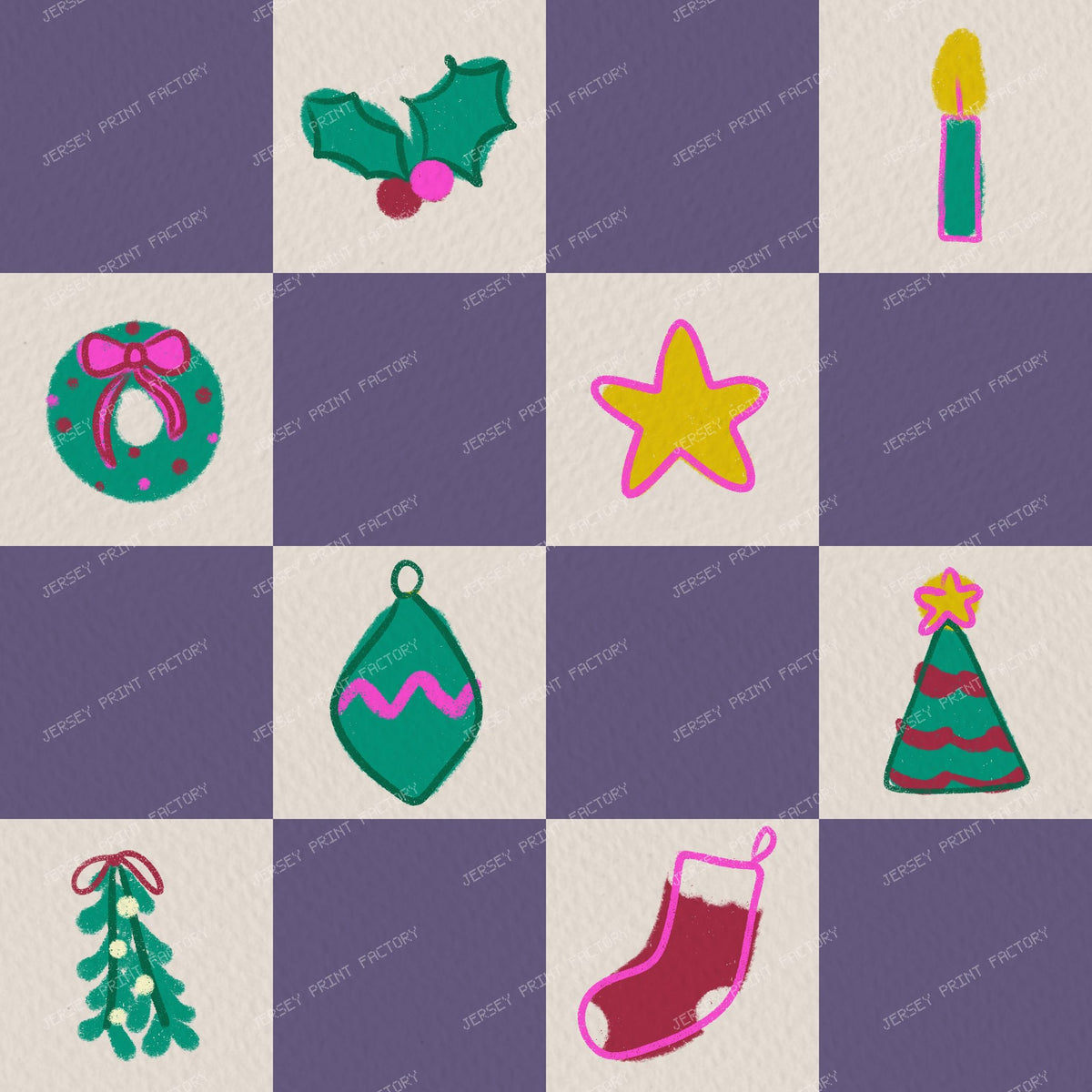 Christmas Checkerboard with Festive Doodles muted purple