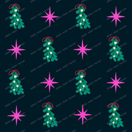 Whimsical Winter Mistletoe and Pink Stars on Purple — Deep Blue Black