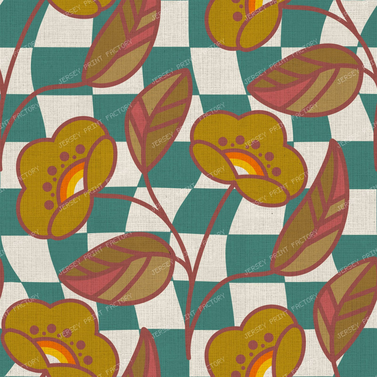 Ditsy Floral and Easter Eggs — 15 — Green and Teal Wavy Checkerboard
