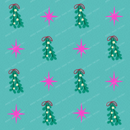 Whimsical Winter Mistletoe and Pink Stars on Purple — Turquoise