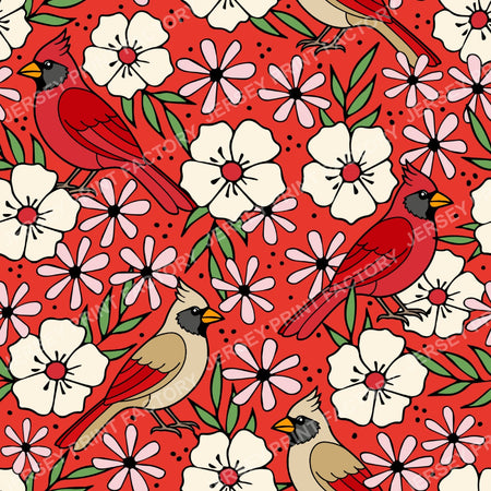 Cardinal Birds And Ivory Flower Blossoms Red