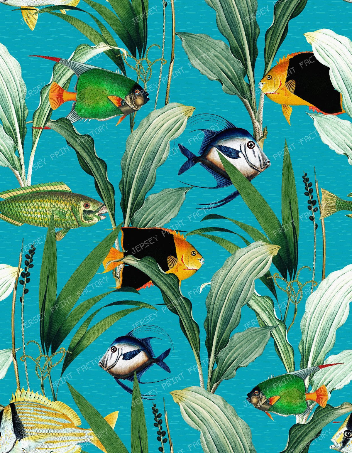 Vintage Tropical Fish Swimming Through Lush Aquatic Plants and Seaweed - Light Turquoise — Turquoise