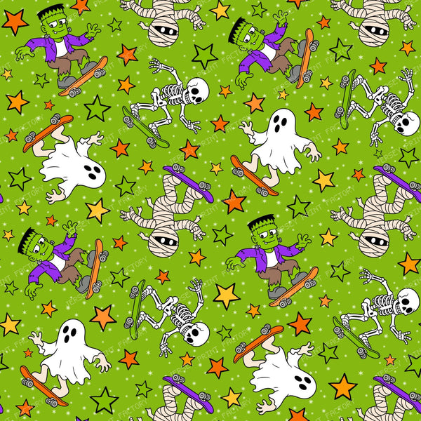 Halloween Skateboarding Monsters Skeletons Ghosts Mummies Green