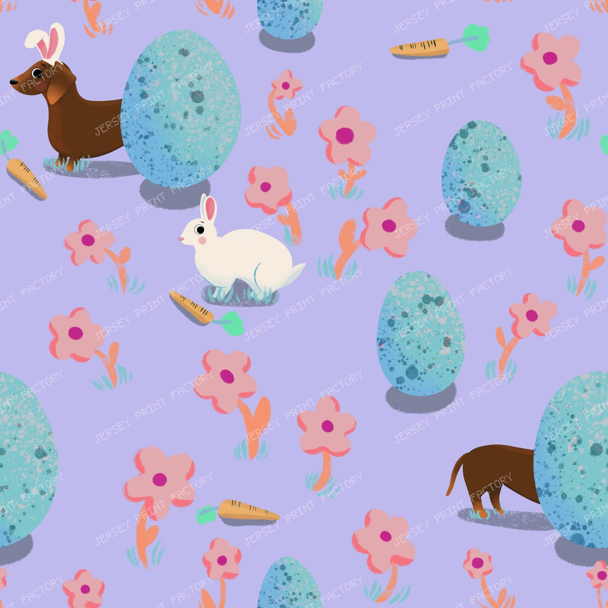 Easter egg hunt, sausage dog and bunny rabbit - purple