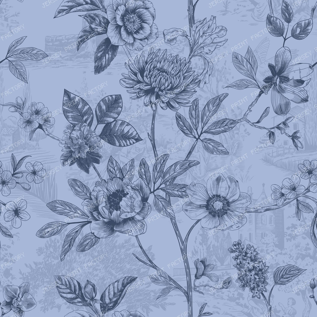 Country Roses Floral Vines Pen and Ink French Provincial - Periwinkle Blue