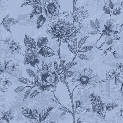 Country Roses Floral Vines Pen and Ink French Provincial - Periwinkle Blue