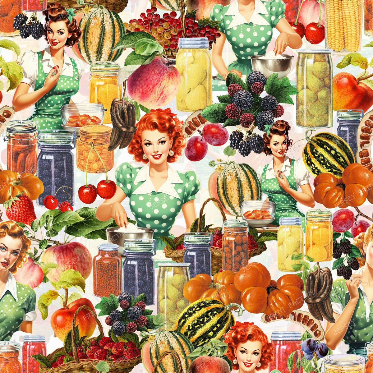 1950s Vintage Pin Up Housewife with Retro Kitchen Canning and Garden Harvest - Green — White