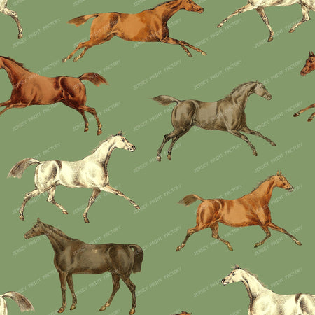 Wild Horses Vintage Chic Cottagecore Toile Pattern on Muted Green