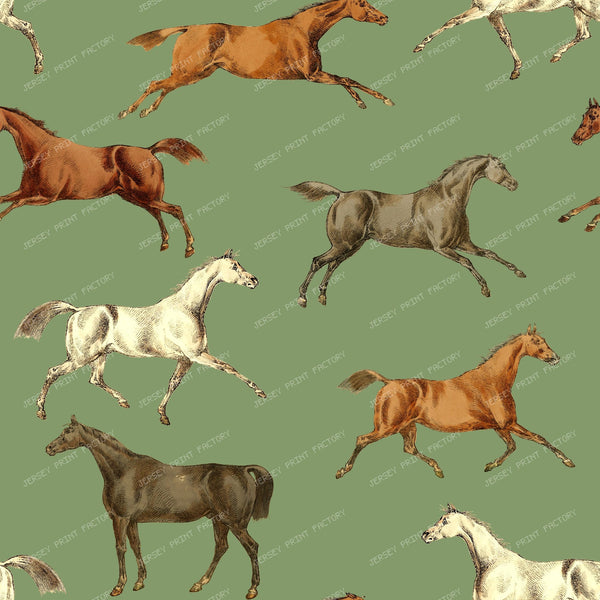 Wild Horses Vintage Chic Cottagecore Toile Pattern on Muted Green