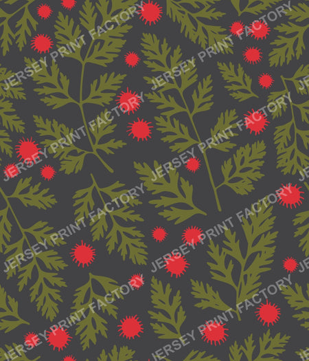 Forest Ground Botanical Fern Leaves - Green Red and Grey