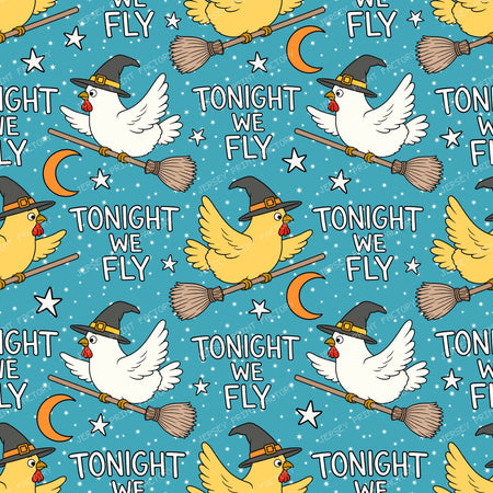 Tonight We Fly Funny Halloween Witch Chicken  on Blue