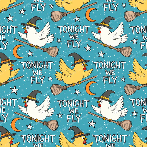 Tonight We Fly Funny Halloween Witch Chicken  on Blue