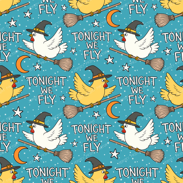 Tonight We Fly Funny Halloween Witch Chicken  on Blue