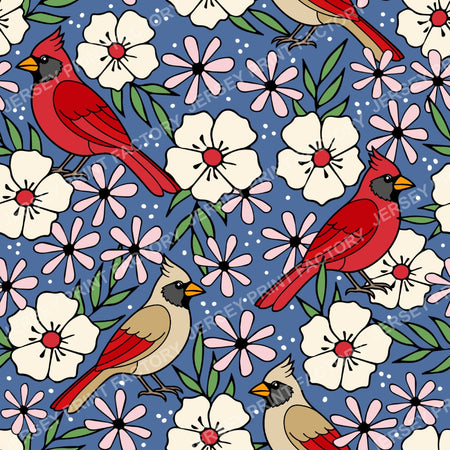 Cardinal Birds And Ivory Flower Blossoms Country Blue