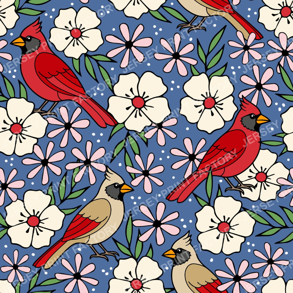 Cardinal Birds And Ivory Flower Blossoms Country Blue