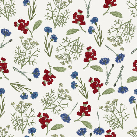 Blue Flowers, Red Berries, Cornflowers, Floral Pattern, Greenery