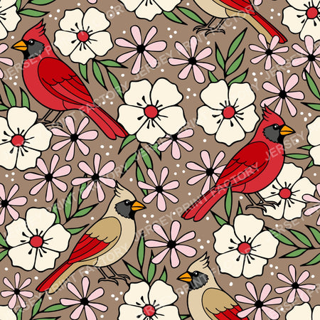 Cardinal Birds And Ivory Flower Blossoms Tan