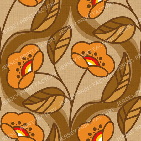 Orange 1970s Retro Flowers on a Brown Ogee Background