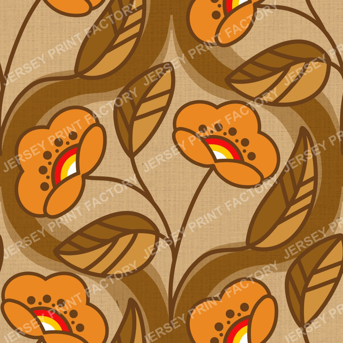 Orange 1970s Retro Flowers on a Brown Ogee Background