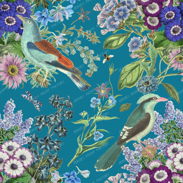 Exotic Birds and Spring Flowers Vintage Botanical Pattern on Turquoise Background