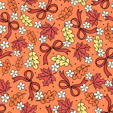 Fall Leaves And Daisy Flowers Autumn Coquette Bows On Orange