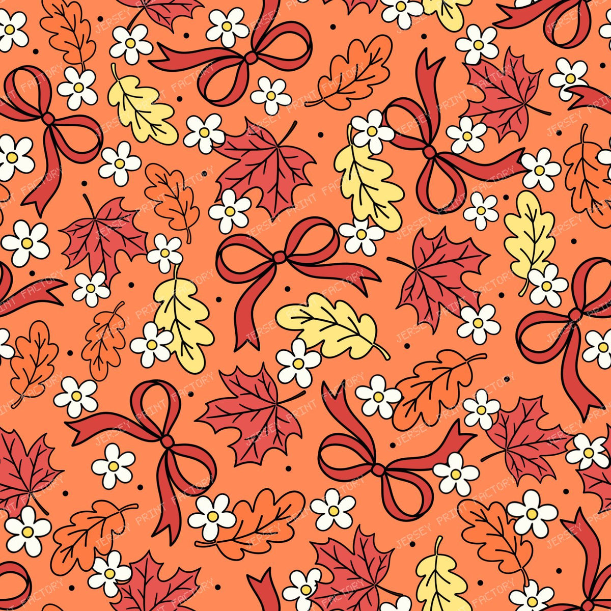Fall Leaves And Daisy Flowers Autumn Coquette Bows On Orange