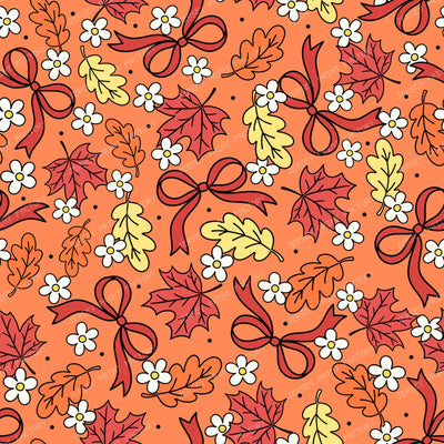 Fall Leaves And Daisy Flowers Autumn Coquette Bows On Orange