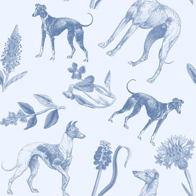 Greyhound and Whippet Dogs with Wildflowers Cottagecore Monochromatic Blue Pattern