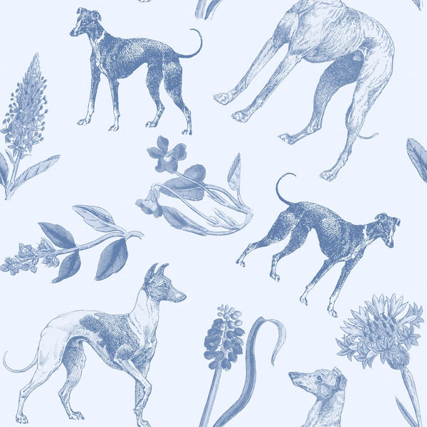 Greyhound and Whippet Dogs with Wildflowers Cottagecore Monochromatic Blue Pattern