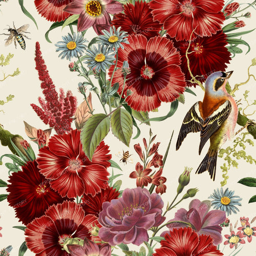 A Baroque Bouquet of Burgundy Flowers with a Birds Vintage Chic Cottagecore Floral Pattern
