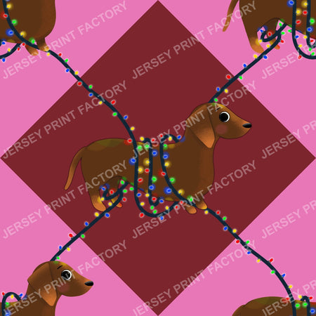 Sausage Dog in String Lights - Winter Weiner Festive Diamonds on Pink and Red