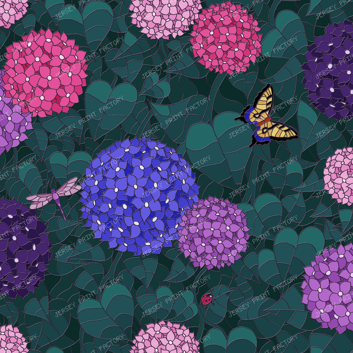 Stained Glass Hydrangea Garden — Moonlit Pewter Swallowtail Butterfly
